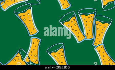 Seamless pattern of yellow repeating alcoholic beer glasses glass with beer frothy hop beer malt craft lager on a green background to the day of Saint Stock Vector