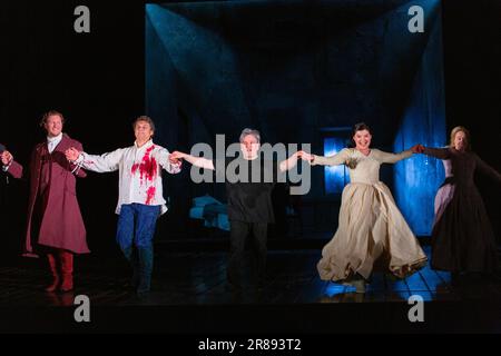 curtain call at the end of the dress rehearsal for WERTHER by Jules Massenet at the Royal Opera House, Covent Garden, London WC2 on 17/06/2023 - l-r: Gordon Bintner (Albert), Jonas Kaufmann (Werther), Antonio Pappano (conductor), Aigul Akhmetshina (Charlotte), Sarah Gilford (Sophie) set & lighting design: Charles Edwards  costumes: Christian Gasc  original director: Benoit Jacquot  revival director Genevieve Dufour Stock Photo
