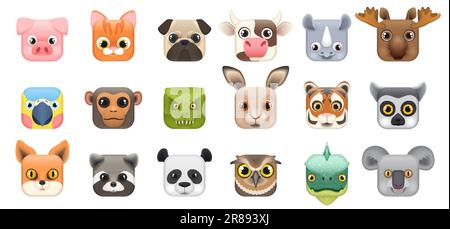 Cute animal and bird faces set, icons of square shape vector illustration. Cartoon isolated funny heads of forest and farm characters, mobile buttons and kawaii stickers collection for childs games Stock Vector