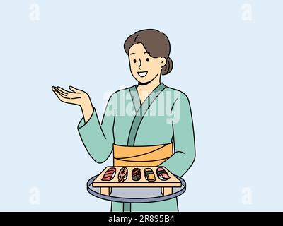 Woman sushi master with maki appetizer on wooden tray dressed in traditional asian kimono. Girl works in japanese food restaurant serving sushi from rice and fresh seafood to visitors. Stock Vector