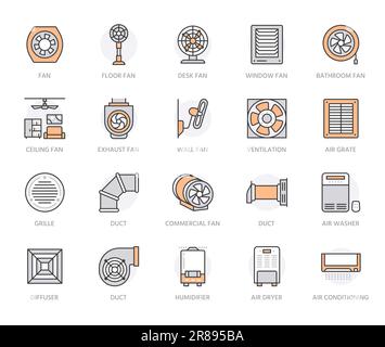 Ventilation equipment line icons. Air conditioning, hvac, cooling appliances, climate system, aeration. Household and industrial ventilator thin Stock Vector
