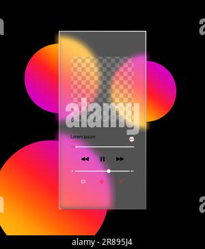 Apple music mockup social media post template in glassmorphism background , Player mock up frame. transparent Frosted glass morphism mockups and blurr Stock Vector