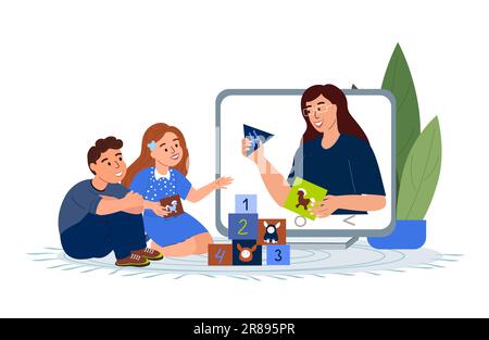 Exited Kids of primary school in playing and learning process with online Babysitter.Children studying, entertaining online,listening lesson. Internet Stock Photo