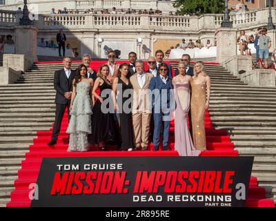 Italy, Rome, June 19th, 2023. World premiere of the action movie 'Mission Impossible - Dead Reckoning part one' in Spanish Steps. Pictured: the cast, Cary Elwes, Henry Czerny, Esai Morales, Greg Tarzan Davis,  Simon Pegg, Frederick Schmidt, Shea Whigham, Mariela Garriga, Rebecca Ferguson, Hayley Atwell, director Christopher McQuarrie, Tom Cruise, Pom Klementieff and Vanessa Kirby.    Photo © Fabio Mazzarella/Sintesi/Alamy Live News Stock Photo