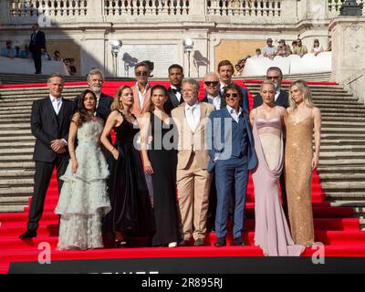 Italy, Rome, June 19th, 2023. World premiere of the action movie 'Mission Impossible - Dead Reckoning part one' in Spanish Steps. Pictured: the cast, Cary Elwes, Henry Czerny, Esai Morales, Greg Tarzan Davis,  Simon Pegg, Frederick Schmidt, Shea Whigham, Mariela Garriga, Rebecca Ferguson, Hayley Atwell, director Christopher McQuarrie, Tom Cruise, Pom Klementieff and Vanessa Kirby.    Photo © Fabio Mazzarella/Sintesi/Alamy Live News Stock Photo