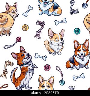 Seamless pattern of cute corgi dogs, pet dog accessories realistic composition, and dog staff Stock Vector