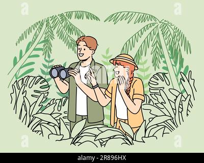 Tourists participate in jungle safari standing among dense tropical vegetation and holding binocular in hands. Happy couple of man and woman went on safari journey to explore wildlife Stock Vector