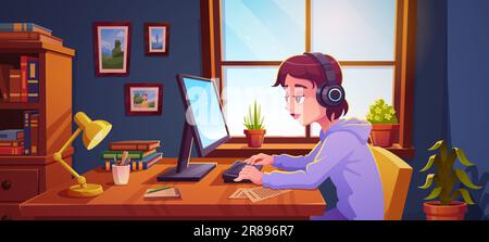Teenager working on desktop computer at home. Vector cartoon illustration of teen girl studying in headphones, typing on keyboard, note papers scattered on desk, bookshelf and framed pictures on wall Stock Vector