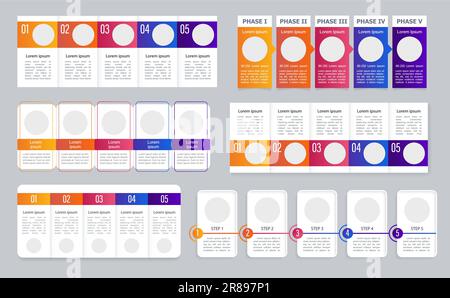 Colorful rectangle informational guide infographic chart design template set Stock Vector