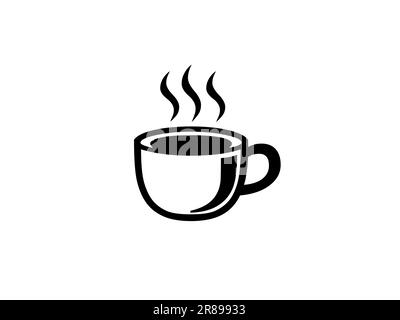 Coffee cup or tea cup logo, shape, symbol, silhouette isolated on white background. Food and beverage concept. Hot cup with smoke. Stock Photo