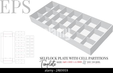 Plate with Cell Partitions die cut template, vector. White clear blank crate with barriers mock up isolated on white background, illustration. Stock Vector