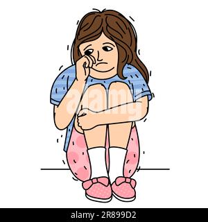 Sad little girl sitting alone Stock Vector