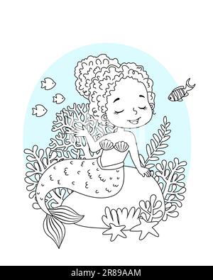 Vector coloring for children. Illustration of beautiful girl mermaid Stock Vector
