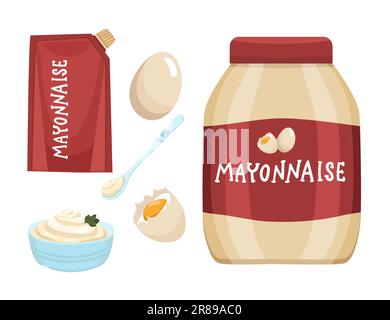 Mayonnaise sauce. Mayo sauce bottle, bowl, spoon, splash, eggs . Set of food icons . Glass bottle of mayonnaise, vector illustration isolated on white Stock Vector