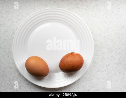 Chicken eggs in white plate closeup view from above Stock Photo