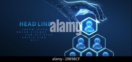 HR manage. Abstract 3d human hand hold leader icon in hexagon on top of people pyramid. Manage human resurse, team leader, recruitment process, change Stock Vector