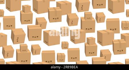 Cardboard closed brown box with scotch tape and labels seamless pattern. Delivery cargo box with fragile care sign symbol, handling with care, protect Stock Vector