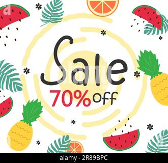 Summer sale design template. pattern with fruits and tropical leafs elements in flat style background, vector Stock Vector