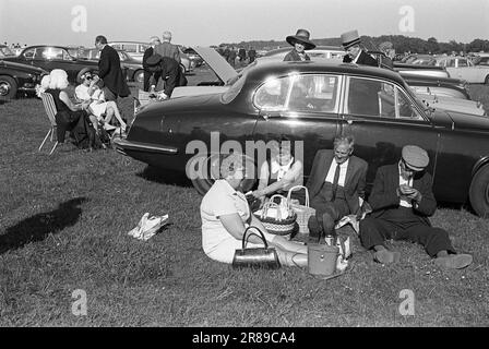 Working class upper class, top hat and tails, cloth cap and pipe, its Derby Day. Londoners down for a day at the races, enjoy an alfresco picnic in the car park, sheltered from the breeze and warm in the sun, they lean up against a returning race goers Jaguar. Epsom Downs, Surrey, England 3rd June 1970. 1970s UK HOMER SYKES Stock Photo