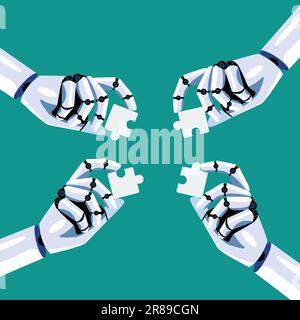 AI robots insert jigsaw pieces together. Human and AI Artificial Intelligence working together. Vector illustration Stock Vector