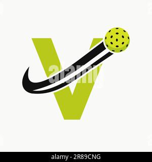 Letter V Pickleball Logo Concept With Moving Pickle Ball Symbol. Pickle Ball Logotype Stock Vector