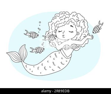 Vector coloring for children. Illustration of beautiful girl mermaid Stock Vector