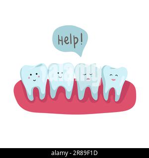 Row of health teeth in the oral cavity, one of which is sick. one bad tooth is cracked, piece of tooth has broken off, hole in tooth. healthcare conce Stock Vector