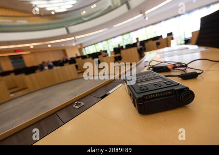 Wiesbaden, Germany. 20th June, 2023. A recording device lies on a table during what is expected to be the last meeting of the committee of inquiry in the Hesse state parliament into the murder of Kassel district president Walter Lübcke. The Lübcke investigation committee of the Hesse state parliament has met during three years. Its first meeting was on June 30, 2020. Credit: Tim Würz/dpa/Alamy Live News Stock Photo
