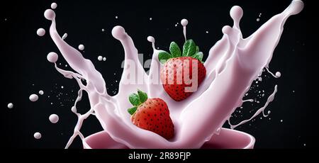 Strawberry milk splashing with strawberry isolated on Black background. Strawberry falling into pink milk or yogurt creamy liquid drink splash. Milky Stock Photo