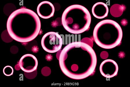 Abstract, multicolored, neon, shiny, bright, pink, purple, glowing circles, balls, bubbles, light spots with stars on a black background. Vector illus Stock Vector