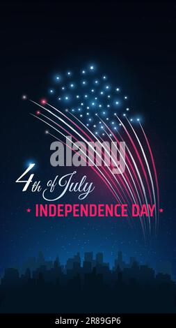 Banner 4th of july usa independence day. US flag fireworks over cityscape. Fourth of july, american national holiday. Poster with colorful fireworks Stock Vector