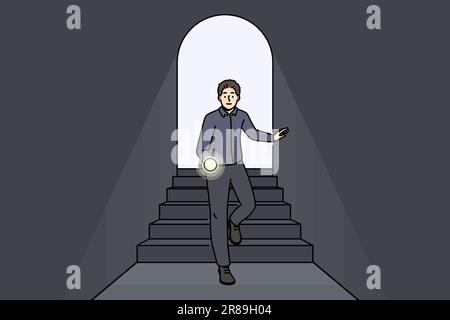 Scared man with flashlight walking in dark tunnel. Frustrated male with light in hands enter black room. Darkness and fear. Vector illustration.  Stock Vector