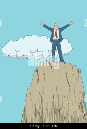 Cartoon illustration of a businessman standing with open arms on top of a mountain. Success, determination, freedom concept Stock Vector