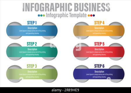6 steps, option or levels infographic design with business icons. Vertical timeline info graphic template for presentation, information brochure, bann Stock Vector