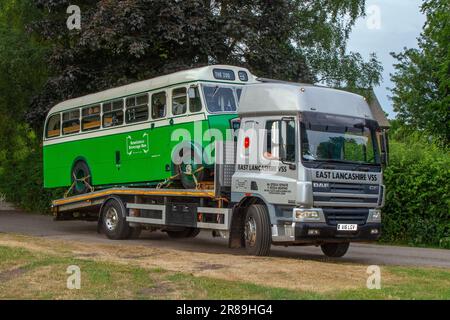 Albion 1954 green cream Reminisce Beverage bus, Vintage coach for hire  travelling on DAF XF trailer; a range of rare, exciting and unusual vehicle enthusiasts & attendees at Worden Park Motor Village showcase, Leyland Festival, UK Stock Photo