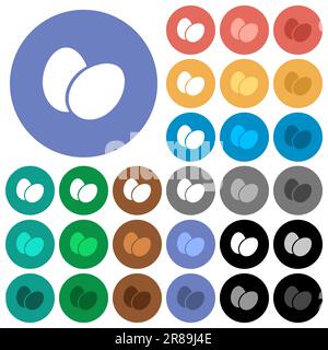 Two eggs solid multi colored flat icons on round backgrounds. Included white, light and dark icon variations for hover and active status effects, and Stock Vector