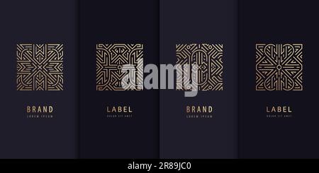 Vector set of golden label design patterns. Square art deco logos, cosmetic, chocolate, tea, wine package. Luxury royal style, vintage fancy signs Stock Vector