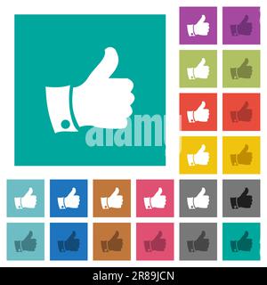Thumbs up multi colored flat icons on plain square backgrounds. Included white and darker icon variations for hover or active effects. Stock Vector