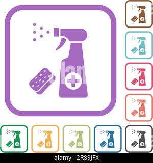Disinfection spray and sponge simple icons in color rounded square frames on white background Stock Vector