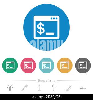 OS command terminal flat white icons on round color backgrounds. 6 bonus icons included. Stock Vector