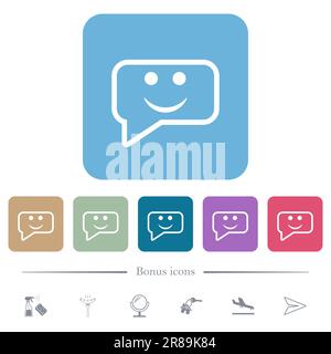 Rounded square smiling chat bubble outline white flat icons on color rounded square backgrounds. 6 bonus icons included Stock Vector