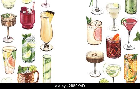 Watercolor frame, cocktail glasses: martini, gin,margarita,mojito,liquor,rum,moscow mule. Hand-drawn illustration isolated on white background Stock Photo