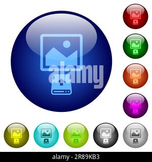 Upload image from hard disk icons on round glass buttons in multiple colors. Arranged layer structure Stock Vector
