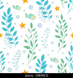 Seamless pattern with sea plants, fish, starfish, bubbles. Summer and sea theme. For fabric design, wallpapers, backgrounds, wrapping paper, scrapbook Stock Vector