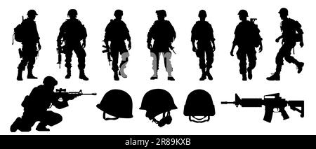 Military special forces with tactical gear and weapon silhouette set . Modern infantry with assault rifles on a white background. Army soldiers standi Stock Photo