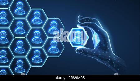 Abstract 3d human hand hold leader icon in hexagon and people pyramid. Manage human resurse, team leader, recruitment process, change personnel, caree Stock Vector
