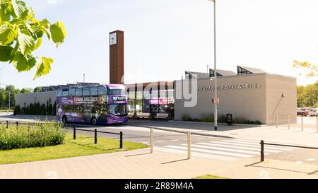 STOURTON, LEEDS, UK - MAY 25, 2023.  A double decker bus at Stourton Park and Ride ready to transport commuters from out of town parking to Leeds city Stock Photo