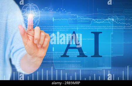 Hand touching the brain working of Artificial Intelligence AI ,IoT. Stock Photo