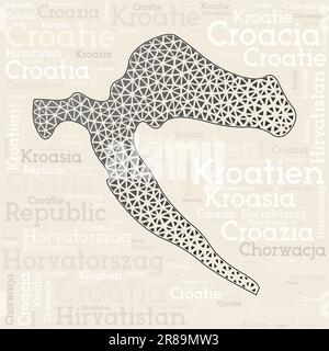 CROATIA map design. Country names in different languages and map shape with geometric low poly triangles. Superb vector illustration of Croatia. Stock Vector