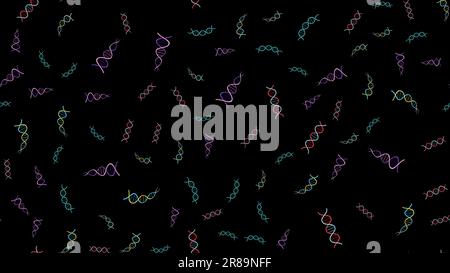 Seamless pattern texture of endless repetitive medical scientific abstract structures of dna gene molecules models on a black background. Vector illus Stock Vector